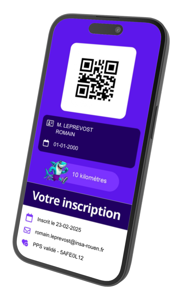 Téléphone mobile présentant un PDF de confirmations d'inscriptions à la course Purple Rouen : nom, prénom, date de naissance, date d'inscription, adresse mail et code PPS du coureur y sont présentés avec son QR code personnalisé